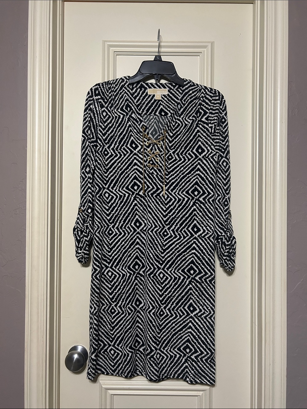 MICHAEL Michael Kors Black White Lace Up Dress XS Gold Chain NWOT